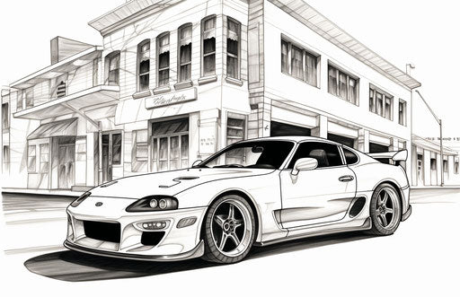 Toyota Supra parked outside building, simple line drawing, sculpted