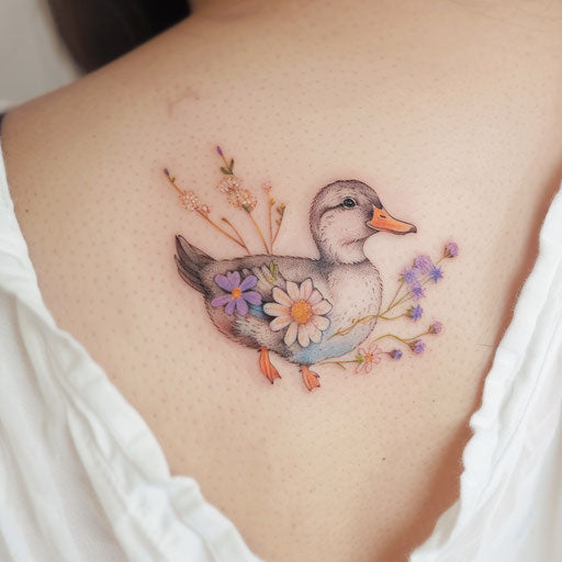 Duck tattoo with delicate flowers and pastel colors