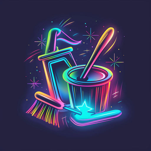 Retro cleaning logo with neon colors and a dark background