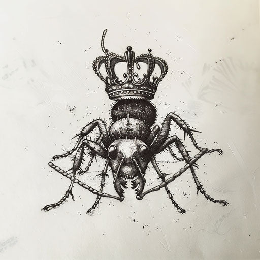 Flat tattoo sketch of an ant with a crown