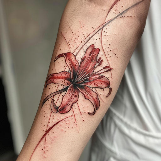 Stylized spider lily tattoo with pointillism technique