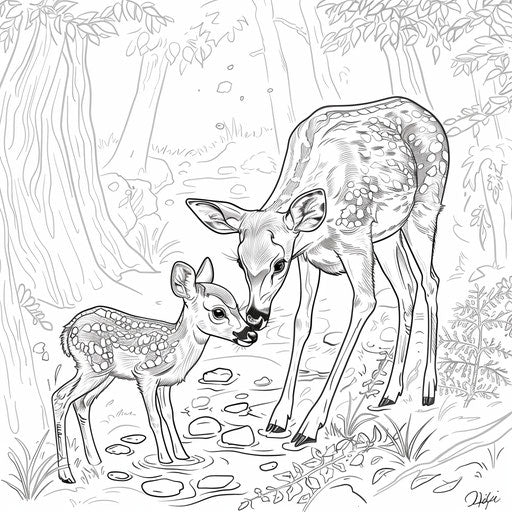 A touching scene of a mother deer nuzzling her fawn