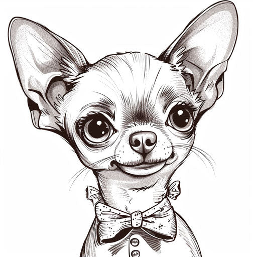 Whimsical cartoon Chihuahua with big head and bow tie