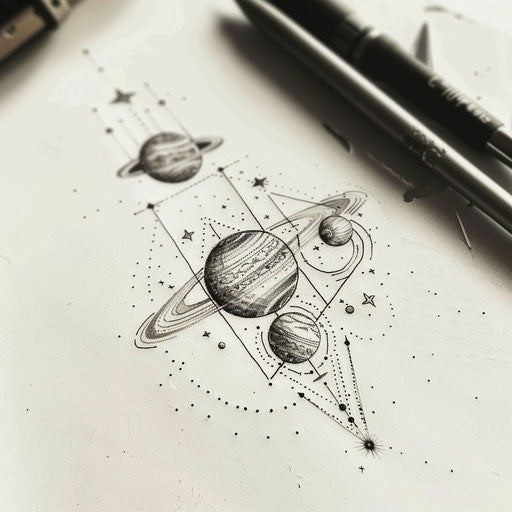 Geometric tattoo design of a cosmic scene with planets and stars.