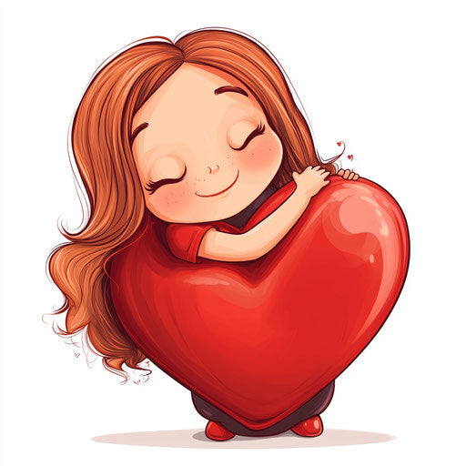 Valentine's Day, a cute, happy cartoon girl with wavy hair hugging a big heart, in red and brown colors, clipart on a white background for removing the background.