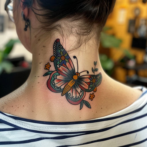 Butterfly neck tattoo in comic book style, Humberto Ramos vibes