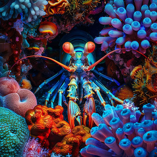 Mantis shrimp surrounded by vibrant and colorful corals