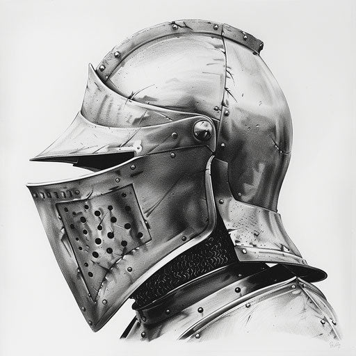 Pencil drawing of a medieval knight's helmet with a modern military twist, on a stark white canvas