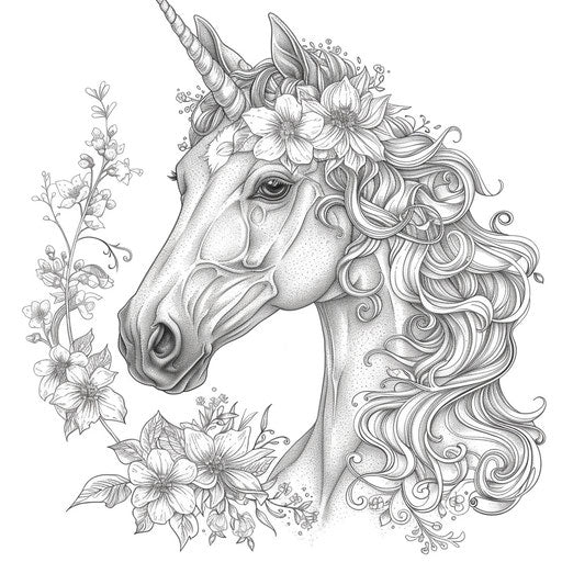 A whimsical horse with flowers woven into its mane. Coloring book page
