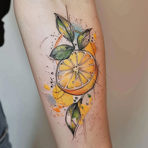 Dynamic sketch of a lemon with watercolor splashes