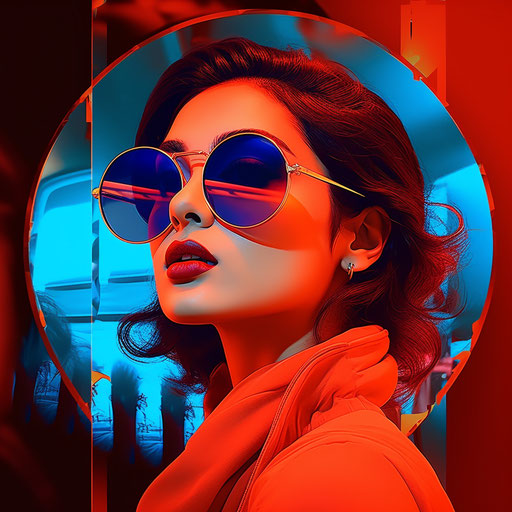 Abneena tiwari's photo in blue glasses, in the style of light red and amber, celebrity image mashups, smilecore, rounded, composed, collage-like, mirror
