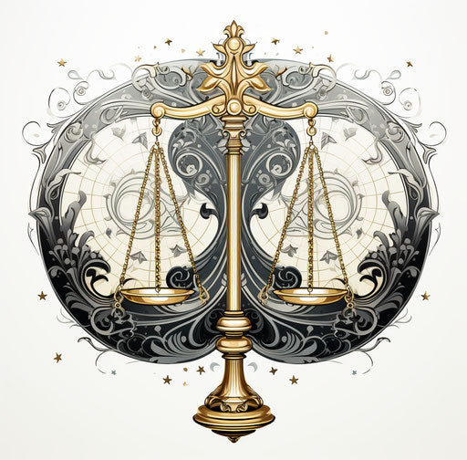 Justice scale in ornate circular design on black and white background