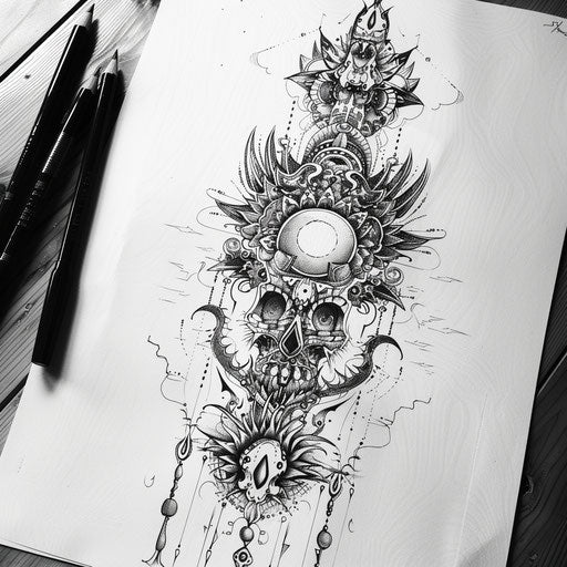 Fantasy tattoo sketch of a Kalinga design with whimsical elements and magical motifs