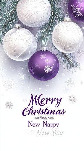 White and purple Christmas ornaments with festive decorations