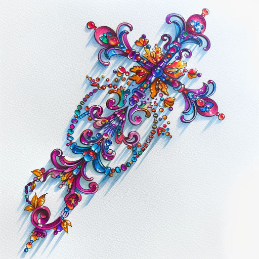 A colorful, beaded rosary tattoo design with a vibrant, intricate cross, portrayed on a white surface.