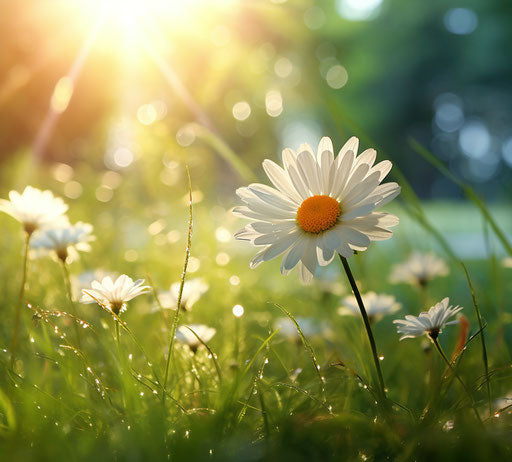 A white daisy in the grass, style of sunrays, poetic elegance, captivating