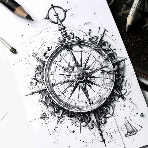 Intricate maritime compass tattoo design on white background