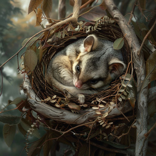 A sugar glider snuggled into a warm, fuzzy nest made of leaves and twigs during a gentle rain.