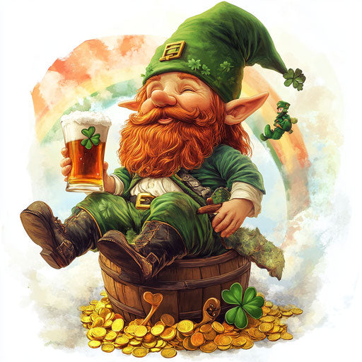 St. Patrick's Day Gnome with Red Hair and Green Hat, holding a Beer pint glass in hand, sitting on a pot of gold at the end of a rainbow