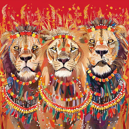 Cheerful lions adorned with Maasai beads, celebrating a ceremony