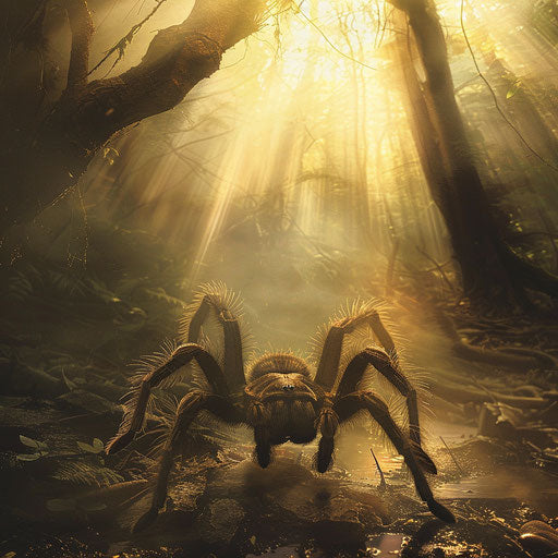 Tarantula in a misty forest with rays of light breaking through