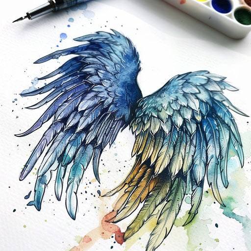 Soft, feathered bird wings tattoo concept in gentle watercolors on white paper.