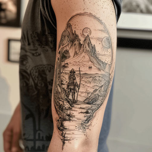 Epic maternal tattoo depicting a mythological journey