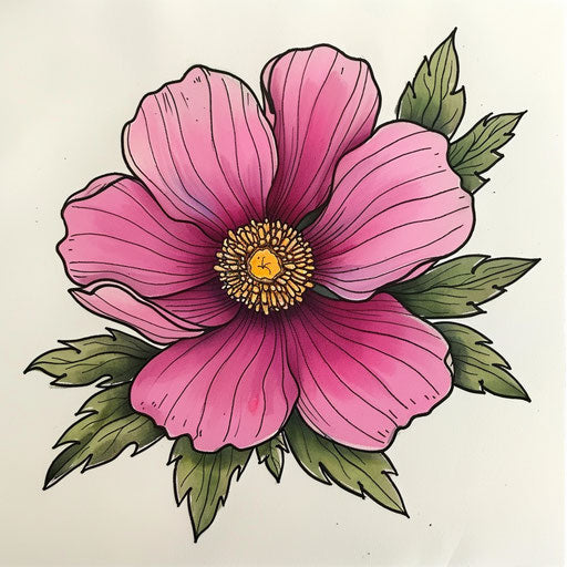 Sketch of a cosmos with bright pink petals and green leaves
