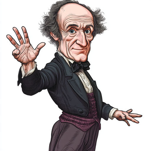 Humorous caricature of a John Stuart Mill clipart with human characteristics, exaggerated chubby cheeks, long arms, detailed textures, vibrant colors, cartoon style, waving, high resolution, isolated