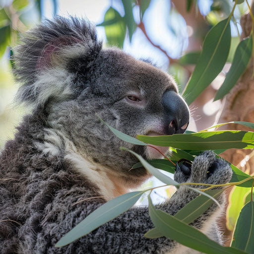 Koala eating eucalyptus leaves, close-up on the texture and detail of leaves and fur