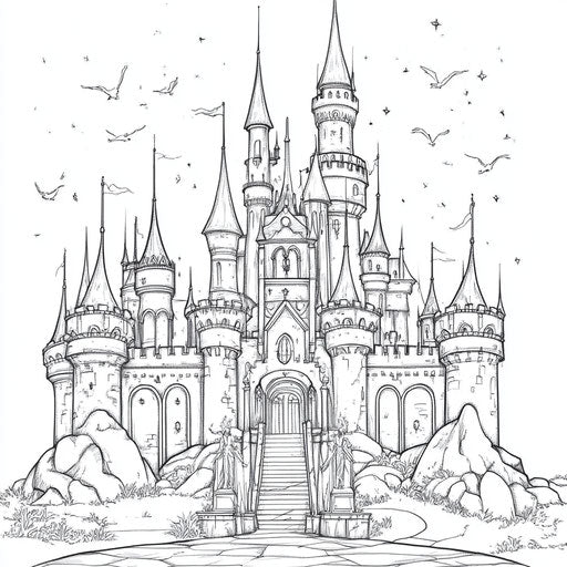 Gothic castle with gargoyles in the style of Teagan White