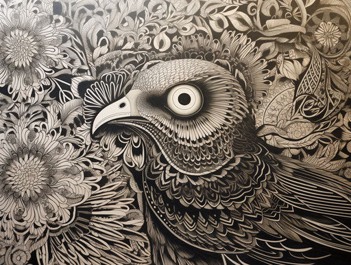 Bird drawing in black ink, intricate patterns, detailed design