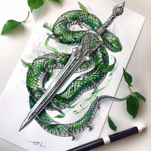 Sketch of a traditional snake entwined around a sword, green and silver patterns