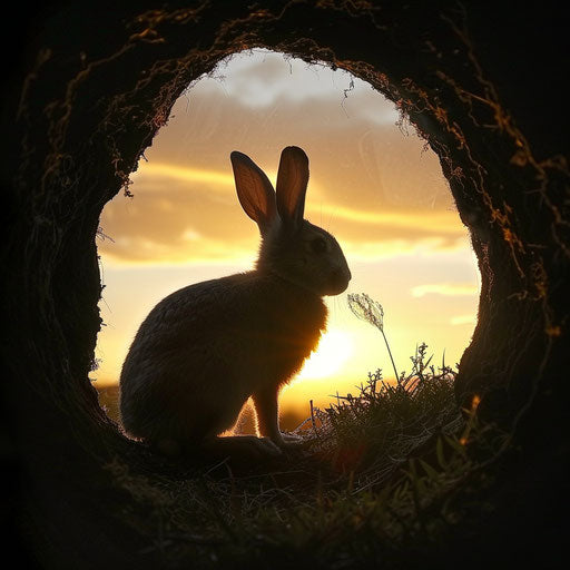 Rabbit silhouette peering out from burrow