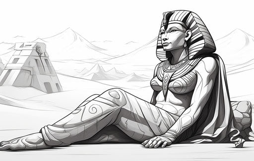 Sphinx lying down in black and white, traditional poses, colorful