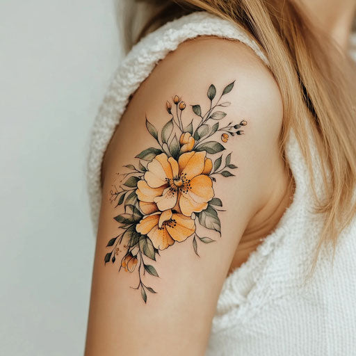 Women's upper arm tattoo in clipart style with watercolor bouquet