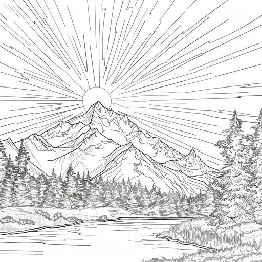 Sunlit mountains under a clear sky - coloring book page