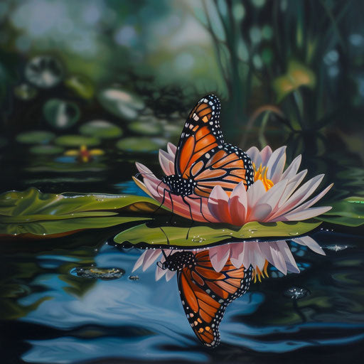Reflection of a monarch butterfly on a water lily leaf in a tranquil pond