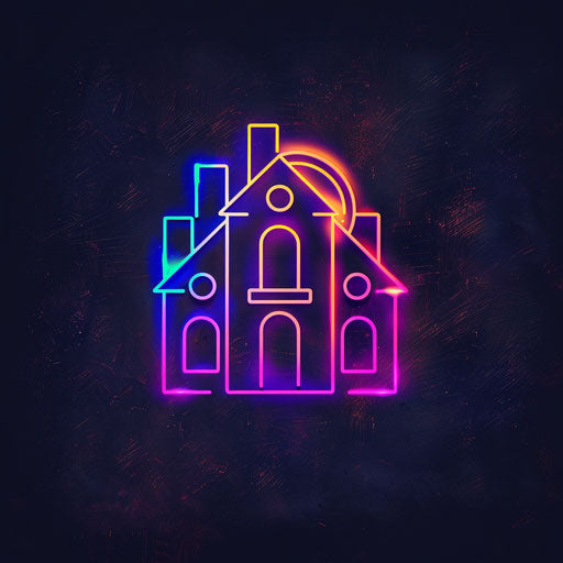 Retro real estate logo with neon colors on dark background