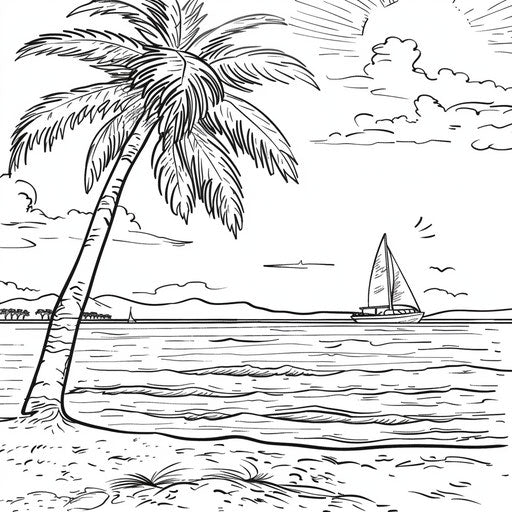 Beach scene with palm tree and sailboat in the distance