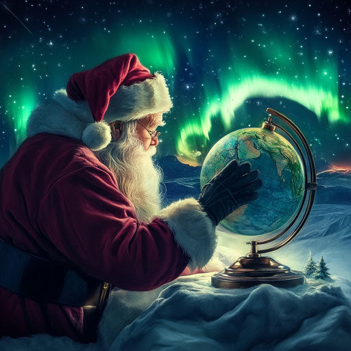 Santa Claus planning Christmas route under northern lights