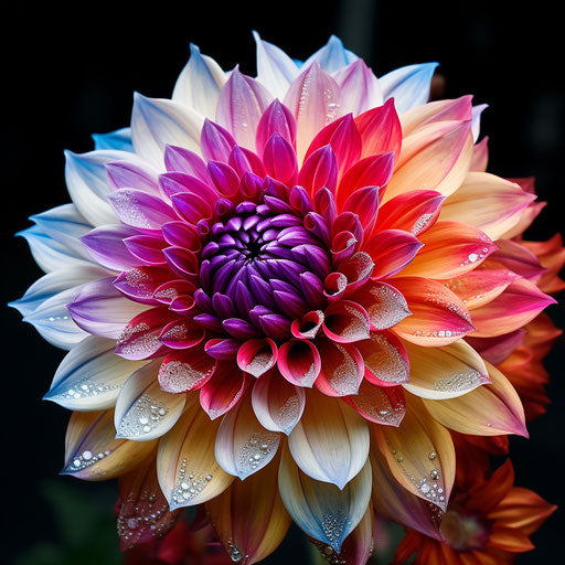 Dahlia flower with blooms and centre in pink, yellow, red, and blue, light yellow and dark bronze style
