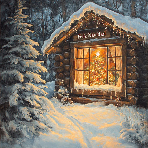 Merry Christmas in a cozy cabin under the snow