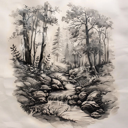 Tranquil forest with babbling brook and wildlife on canvas
