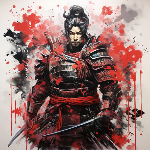 Samurai in armor with red splashes, realistic dark detail