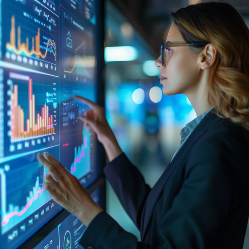 Businesswoman analyzing financial data on a large interactive touchscreen