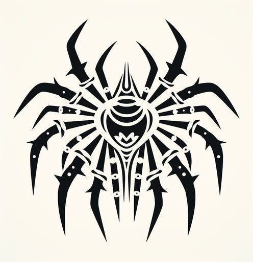 Tribal spider tattoo in black on white, prehistoric style