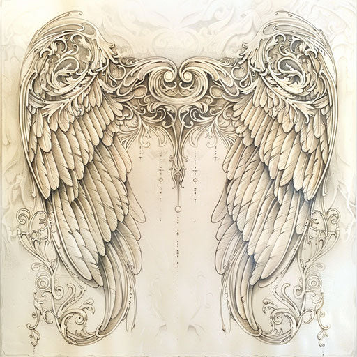 Art nouveau-inspired angel wings on white canvas