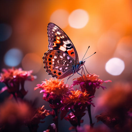 Butterfly on pink flower, blurry background, dark orange