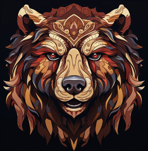 Brown bear head in tattoo style, colorful woodcarvings